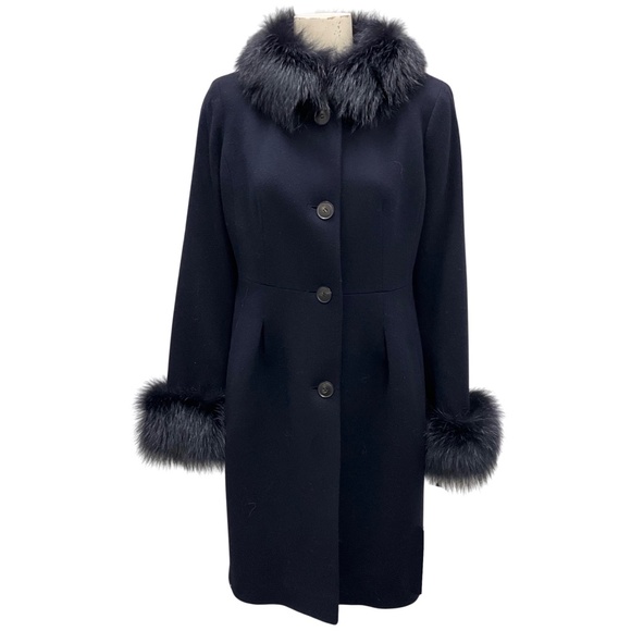 FLEURETTE MIDNIGHT FOX FUR TRIMMED WOOL COAT - Picture 1 of 6